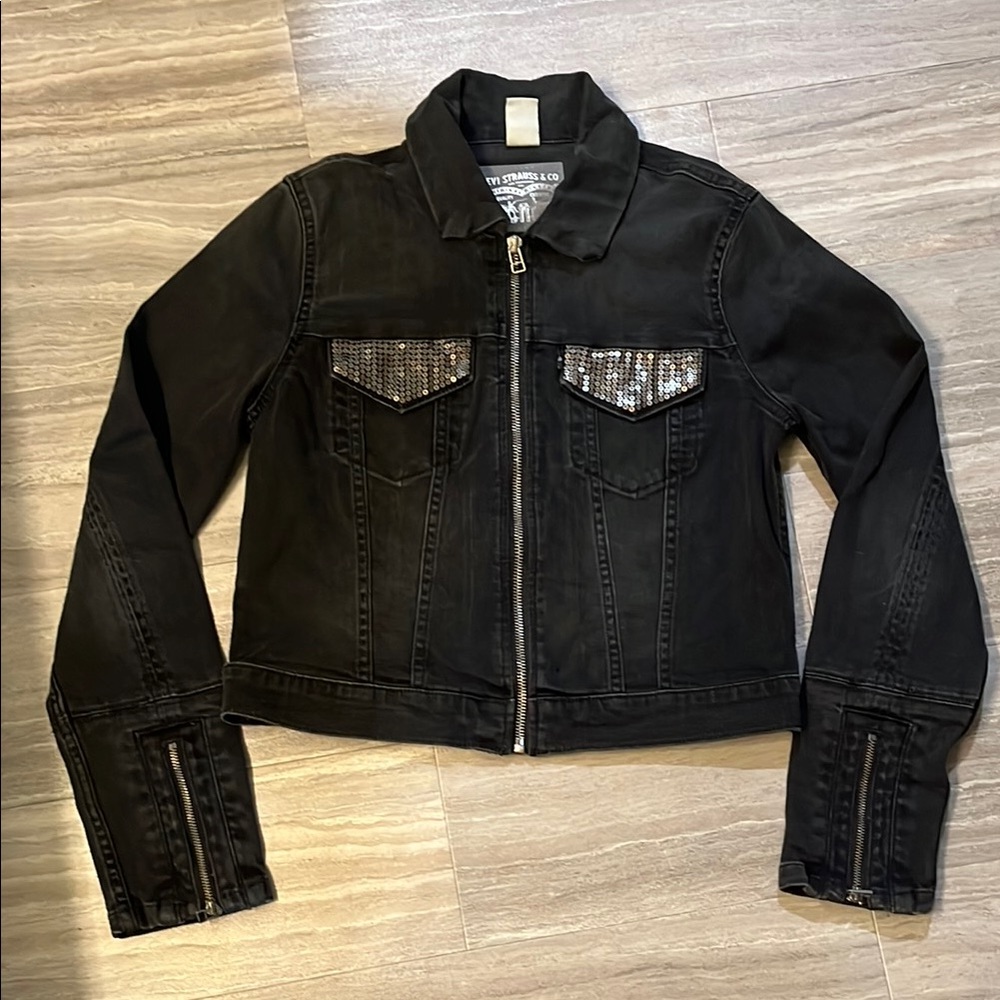 Levi's Cropped Black Jean Gold Sequin Zip Jacket